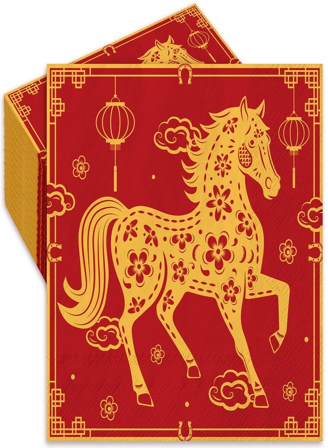 Whaline 80 Pcs Chinese New Year Luncheon Napkins Disposable Paper Napkin Decorative Chinoiserie Red Gold Horse Dessert Dinner Hand Napkin for Spring Festival Lunar New Year Party Supplies Table Decor - Image 1